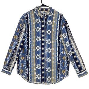 Vintage 90s Crossroads Button Down Shirt Southwest Aztec Star Print Blue Beige M